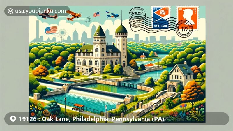 Modern illustration of Oak Lane Reservoir, a cultural landmark in the 19126 ZIP Code area, Oak Lane, Philadelphia, Pennsylvania, featuring air mail envelope, postage stamp with Pennsylvania state flag, and postal markings.