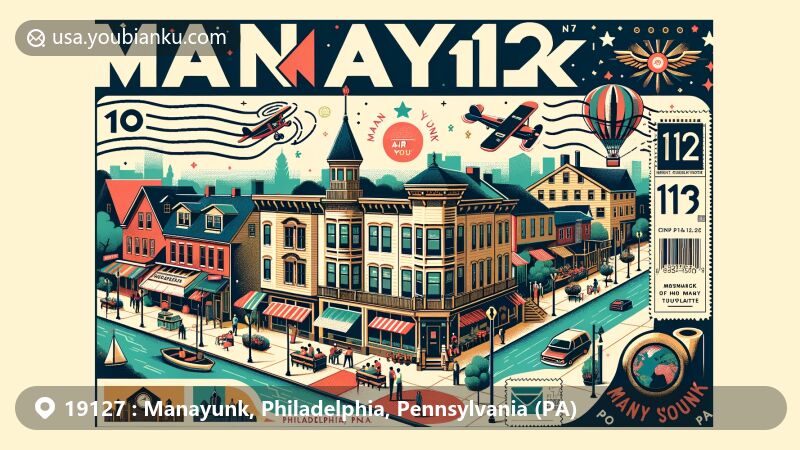 Contemporary illustration of Main Street in Manayunk, Philadelphia, Pennsylvania, ZIP code 19127, featuring bustling restaurants and boutiques, Schuylkill River, and Manayunk Arts Festival.