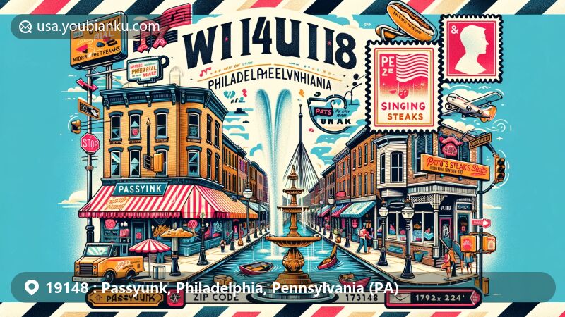 Modern illustration of Passyunk, Philadelphia, Pennsylvania, highlighting iconic Passyunk Avenue, Geno's Steaks, Singing Fountain, and postal elements like air mail envelope and '19148' ZIP code stamp.