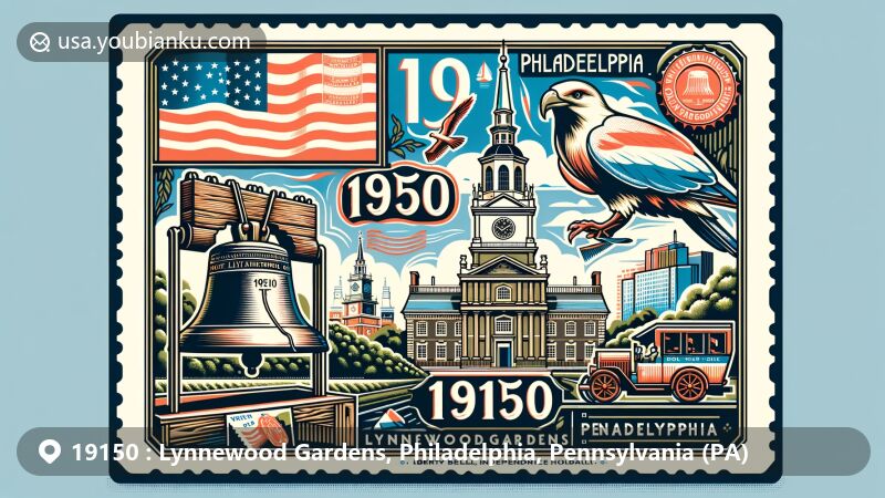 Modern illustration of Lynnewood Gardens, Philadelphia, Pennsylvania, showcasing postal theme with ZIP code 19150, featuring Liberty Bell and Independence Hall, with Pennsylvania state flag in the background.