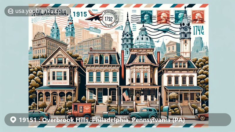 Modern illustration depicting Overbrook Hills, Philadelphia, Pennsylvania, showcasing architectural and cultural elements with postal themes, including row houses, Liberty Bell, Betsy Ross House, and vintage postcard motif.