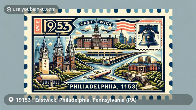 Modern illustration of Eastwick neighborhood in Philadelphia, Pennsylvania, with ZIP code 19153, featuring Liberty Bell, Independence Hall, airport proximity, and environmental resilience efforts.