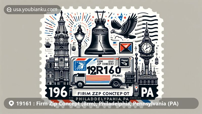 Modern illustration of Philadelphia, Pennsylvania, with Liberty Bell, Independence Hall, and state flag elements, incorporating postal design with postmark '19161' and 'Firm Zip Concept (Brm), Philadelphia, PA,' featuring mailbox and mail truck imagery.