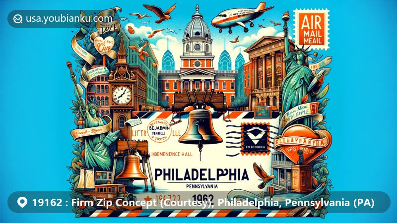 Modern illustration of Philadelphia, Pennsylvania, embodying zipcode 19162 with vintage air mail envelope icon, showcasing iconic landmarks like Liberty Bell, Independence Hall, LOVE sculpture, and Elfreth's Alley. Features rich history of African American culture and tribute to postal service pioneer Benjamin Franklin, inviting exploration of city's past and present.