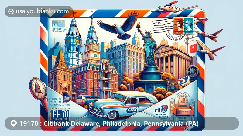 Modern illustration of Philadelphia, Pennsylvania, highlighting iconic landmarks like the Liberty Bell, Elfreth's Alley, Mother Bethel AME Church, Betsy Ross House, and the LOVE statue, framed within an airmail envelope with postal elements.