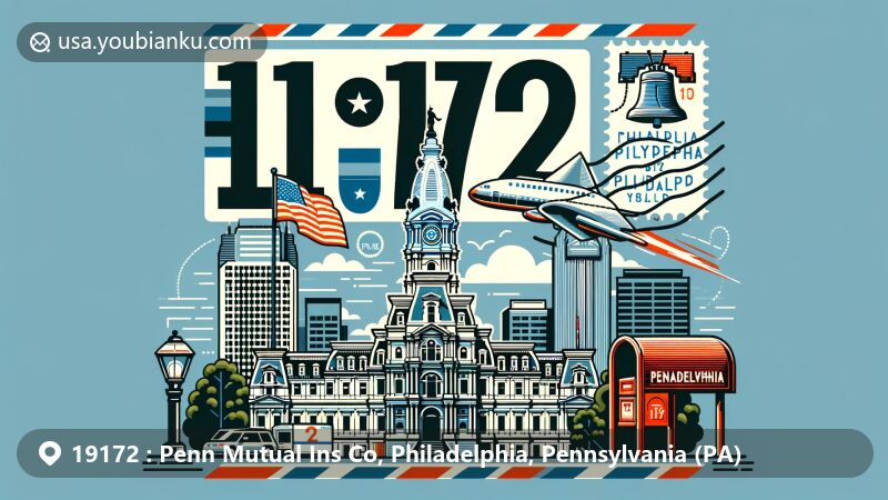 Modern illustration of Philadelphia, Pennsylvania, portraying iconic landmarks like City Hall and the Liberty Bell, symbolizing the city's rich history and culture, with a postal theme for ZIP code 19172.