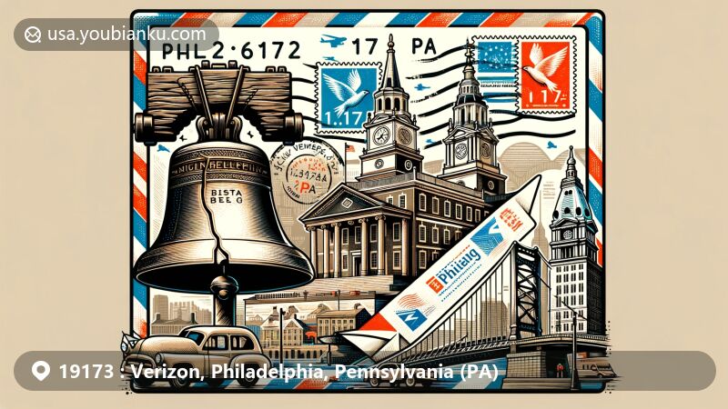 Modern illustration of Verizon area, Philadelphia, Pennsylvania, ZIP code 19173, featuring iconic landmarks like Liberty Bell, Independence Hall, and Benjamin Franklin Bridge with vintage postal elements.