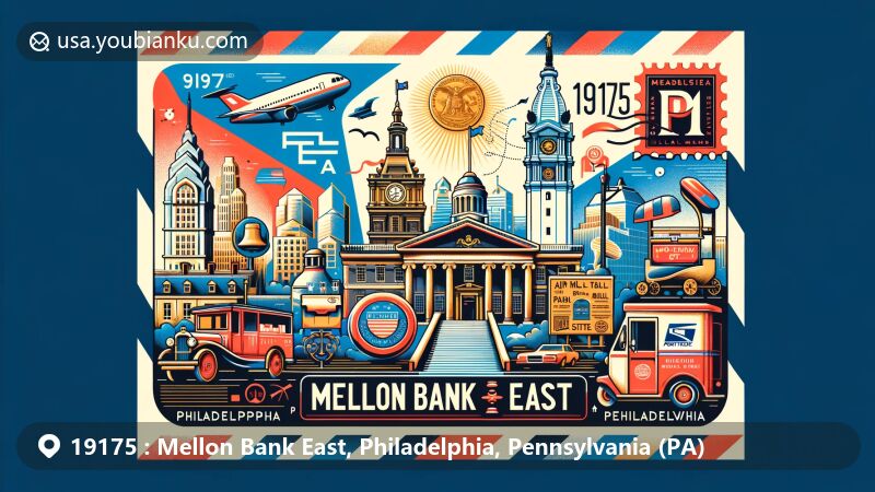 Modern illustration highlighting Mellon Bank East in Philadelphia, Pennsylvania, with postal theme and cultural landmarks, showcasing ZIP code 19175, Liberty Bell, Independence Hall, vintage postage stamp, and Pennsylvania state flag.