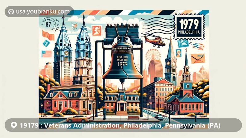 Modern illustration of ZIP Code 19179 in Philadelphia, Pennsylvania, featuring famous landmarks like the Liberty Bell, Elfreth's Alley, and more, with a modern postal theme.