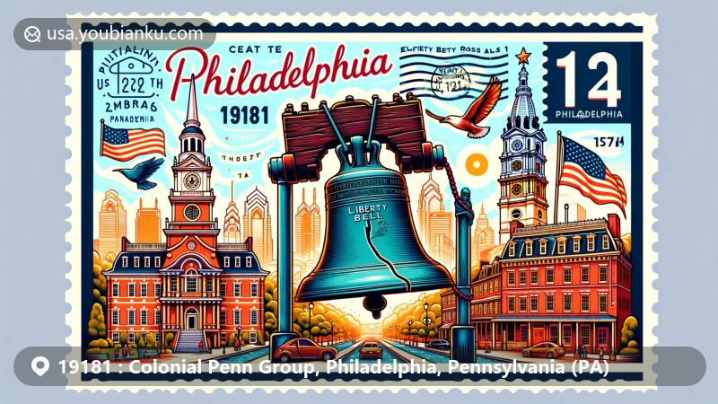 Modern illustration of Philadelphia, Pennsylvania, showcasing historical landmarks such as the Liberty Bell, Independence Hall, Betsy Ross House, and Elfreth's Alley. Features special postal theme with decorative stamp and 'Philadelphia' postal mark.