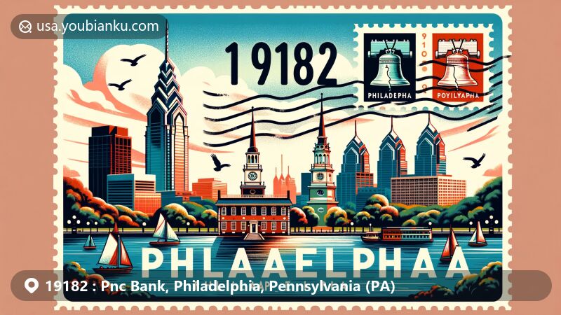 Modern digital illustration of Philadelphia's ZIP Code 19182, featuring Independence Hall, the Liberty Bell, and LOVE Park in a postcard layout with a vintage stamp and postmark.
