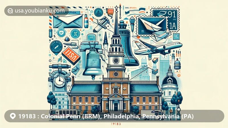 Modern illustration of Philadelphia's iconic Independence Hall and Liberty Bell, infused with postal elements including airmail envelope, postage stamps, postmarks, and ZIP Code 19183.