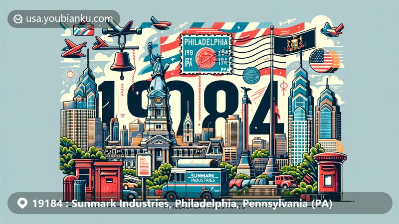 Modern illustration of Sunmark Industries, Philadelphia, Pennsylvania, showcasing postal theme with ZIP code 19184, featuring Liberty Bell and Pennsylvania state symbols.