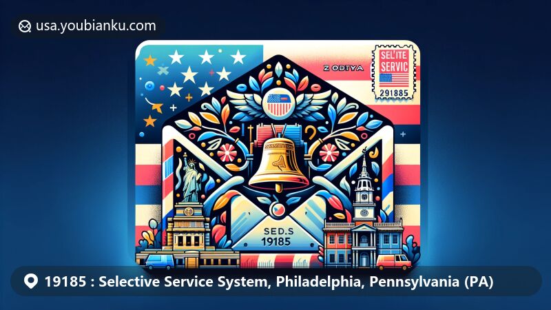 Modern illustration of the ZIP code 19185 area in Pennsylvania, featuring a decorative airmail envelope with elements of the state flag, Liberty Bell, and Independence Hall, symbolizing historical significance.