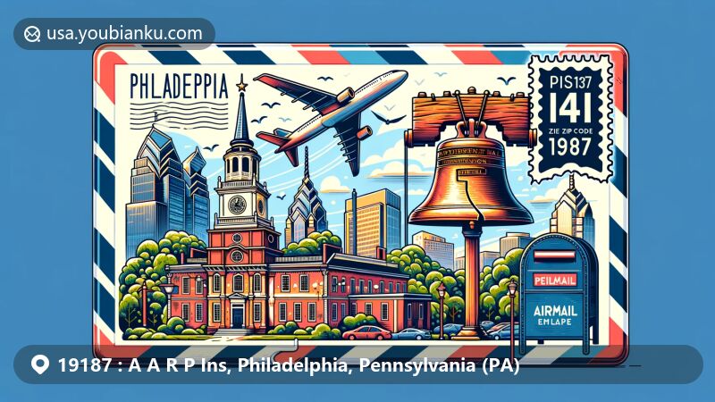 Modern illustration of Philadelphia, Pennsylvania, showcasing Liberty Bell and Independence Hall in airmail envelope design with ZIP code 19187 and Philadelphia, PA, featuring traditional American mailbox.