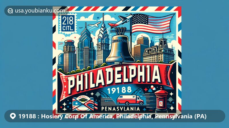 Modern illustration of Hosiery Corp Of America area in Philadelphia, Pennsylvania, with ZIP code 19188, showing iconic landmarks like the Liberty Bell, Comcast Center, and state flag, presented in a web-friendly wide format.