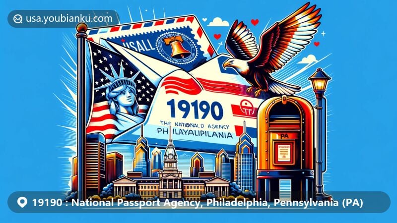 Modern illustration of National Passport Agency in Philadelphia, Pennsylvania, with ZIP code 19190, featuring airmail envelope, Liberty Bell postage stamp, Philadelphia skyline, Pennsylvania state flag, and classic American mailbox.