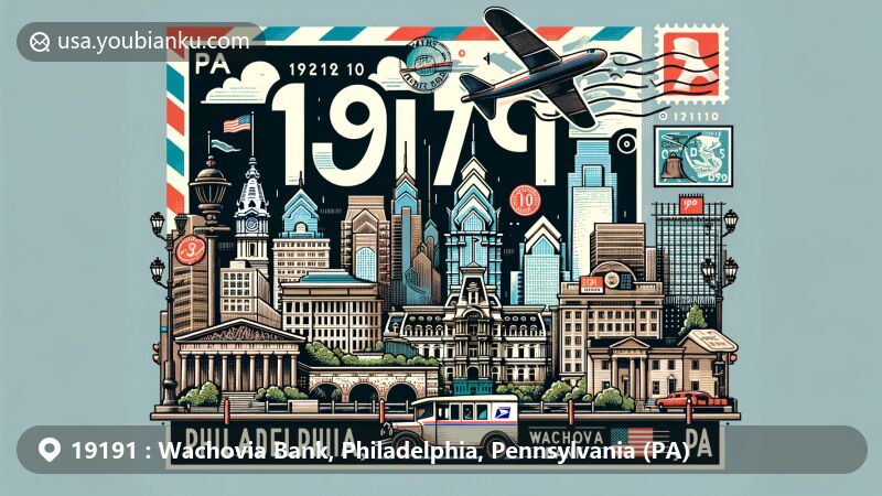 Modern illustration of Wachovia Bank area in Philadelphia, Pennsylvania, showcasing iconic landmarks like the Liberty Bell and Philadelphia Museum of Art, with Pennsylvania state flag integrated.