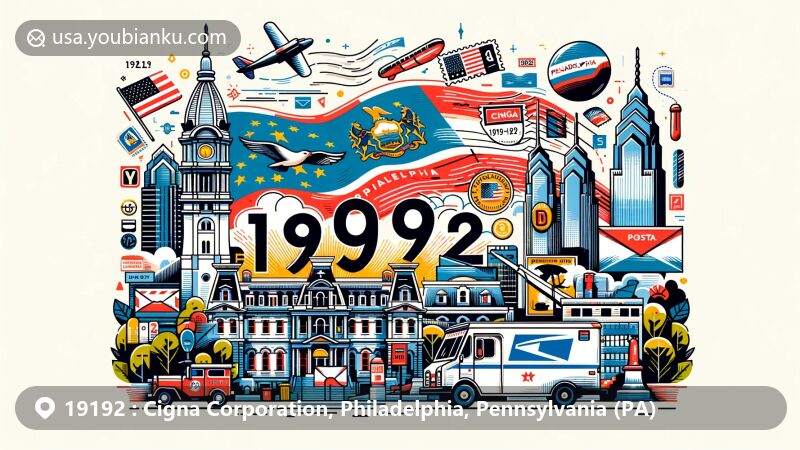 Modern illustration of Philadelphia, Pennsylvania, representing ZIP code 19192, with elements of state flag, Liberty Bell, Independence Hall, postcard, stamps, and mail truck.