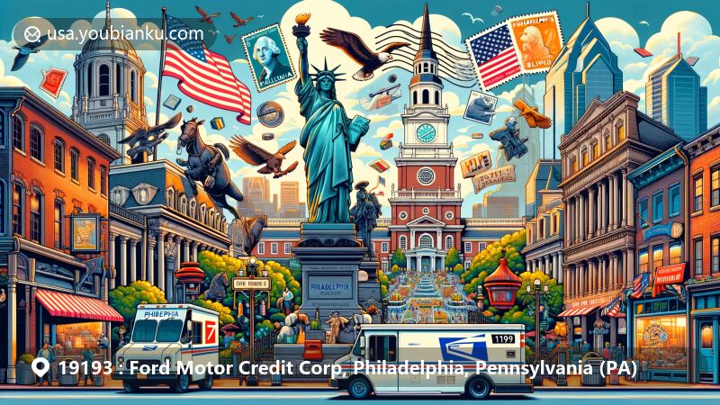 Modern illustration of Philadelphia, Pennsylvania, featuring iconic landmarks like Independence Hall, Liberty Bell, Elfreth's Alley, LOVE Park statue, and Philadelphia Zoo, with postal theme elements like postcard, postage stamps, and postal truck, all connected by ZIP code 19193.
