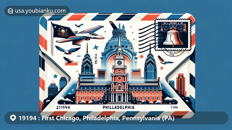 Modern illustration of Philadelphia airmail envelope with ZIP code 19194, featuring Independence Hall, Liberty Bell, postage stamp, and Pennsylvania state flag.