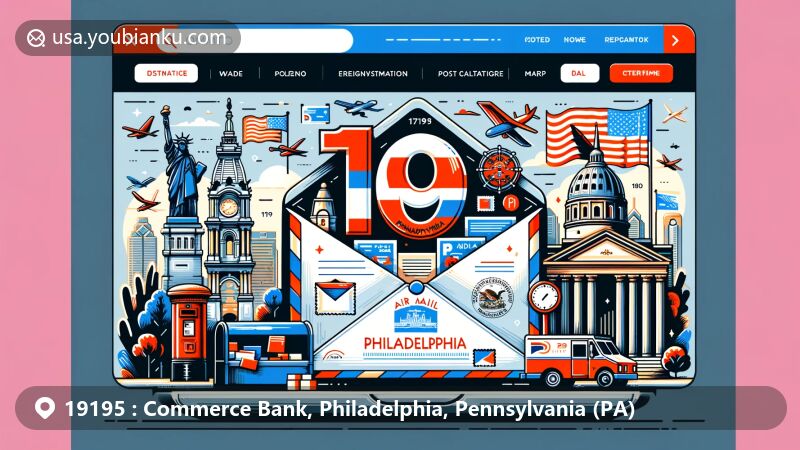 Modern illustration of Commerce Bank, Philadelphia, Pennsylvania, featuring ZIP code 19195 in air mail envelope design. Includes Pennsylvania state flag, Liberty Bell, Independence Hall, postage stamp, postmark, mailbox, and mail truck.