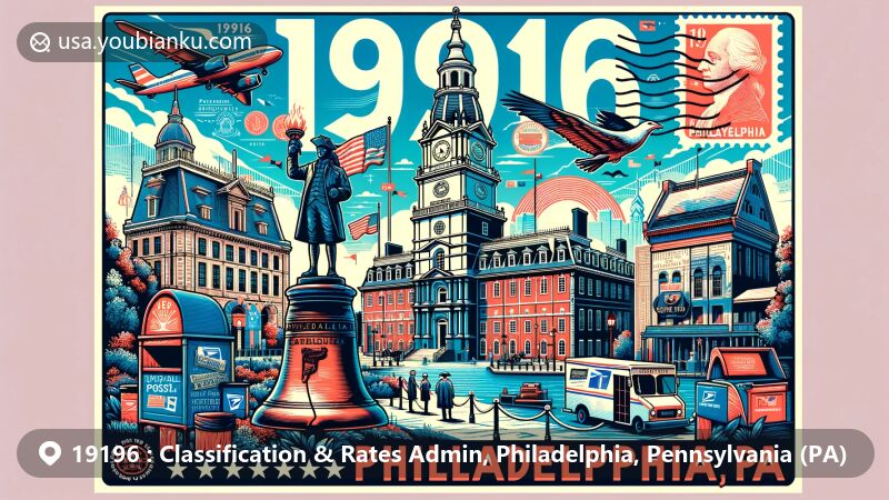 Modern illustration of Philadelphia, Pennsylvania, representing ZIP code 19196, featuring Independence Hall, the Liberty Bell, and Elfreth's Alley, with vintage postal elements and a postmark. Captures the city's historical and cultural significance.