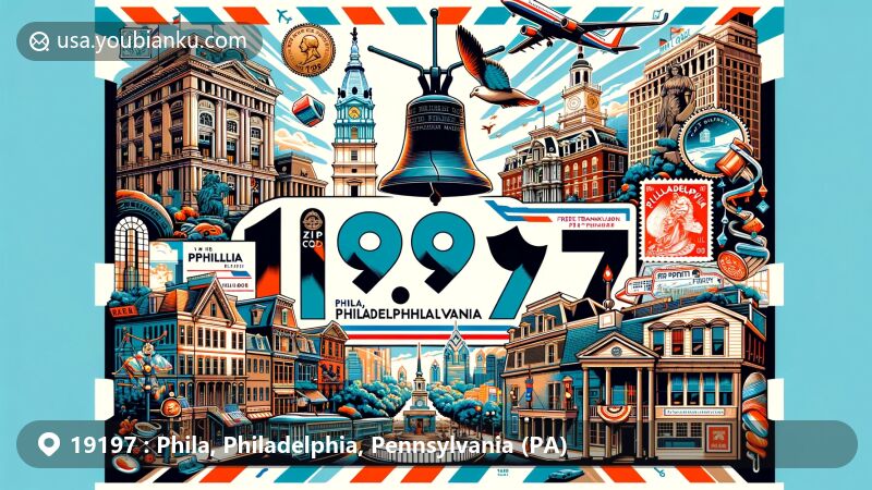 Modern illustration of Philadelphia, Pennsylvania, featuring iconic landmarks like Liberty Bell, Independence Hall, and Elfreth’s Alley, with a postal theme for ZIP code 19197.