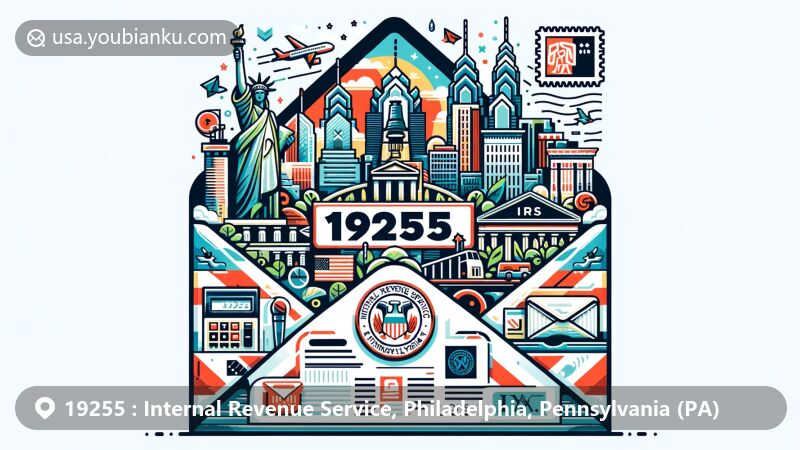 Modern illustration of the Internal Revenue Service in Philadelphia, Pennsylvania, showcasing iconic elements like the Liberty Bell and city skyline, alongside IRS symbols like tax forms and envelopes.