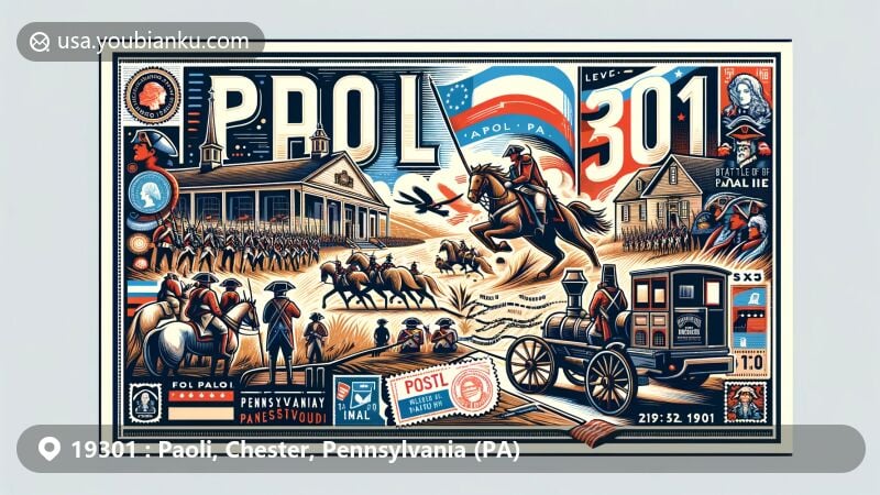 Modern illustration of Paoli, Chester County, Pennsylvania, showcasing postal theme with ZIP code 19301, featuring Battle of Paoli and Waynesborough.
