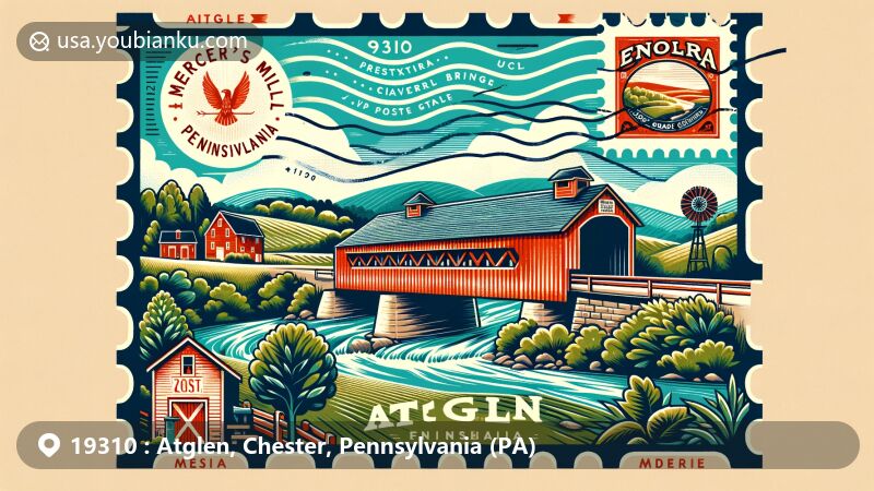 Modern illustration of Atglen, Chester County, Pennsylvania, featuring Mercer's Mill Covered Bridge over the Octorara River, Enola Low Grade Rail Trail, agricultural heritage, and historical landmarks like Upper Octorara Presbyterian Church and Sadsbury Meeting House.