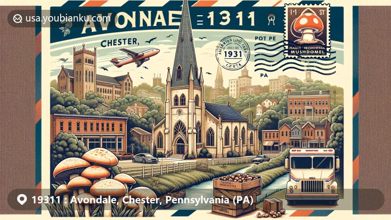 Modern illustration of Avondale, Chester, Pennsylvania, showcasing St. Rocco Church and mushroom farming industry, with East Branch White Clay Creek and Victorian architectural details. Postal theme includes vintage air mail envelope and postal transportation elements.