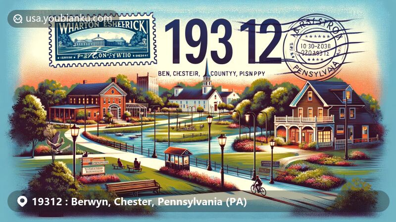 Modern illustration of Berwyn, Chester County, Pennsylvania, featuring small-town charm with lush parks, walking and biking pathways. Includes Wharton Esherick Studio and Cressbrook Farm, highlighting historical and architectural significance, with ZIP code 19312 and vintage postage stamp symbolizing rich history and cultural heritage.