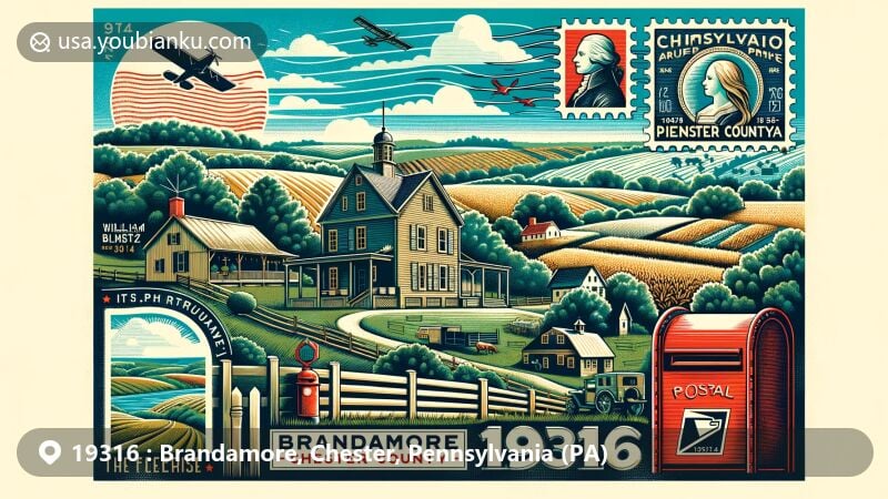 Modern illustration of Brandamore, Chester County, Pennsylvania, with postal theme showcasing ZIP code 19316, featuring rolling hills, William Brinton 1704 House, and Valley Forge National Historical Park.
