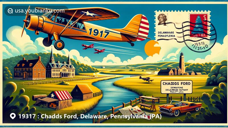 Modern illustration of Chadds Ford, Delaware County, Pennsylvania, highlighting postal theme with ZIP code 19317, featuring Brandywine River Museum of Art and Brandywine Battlefield.