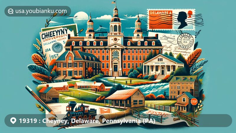 Modern illustration of Cheyney, Delaware County, Pennsylvania, combining postal themes with iconic Cheyney University symbolizing education and African American heritage, featuring elements from Delaware County's history like Chester Creek Historic District and John Cheyney Log Tenant House and Farm.