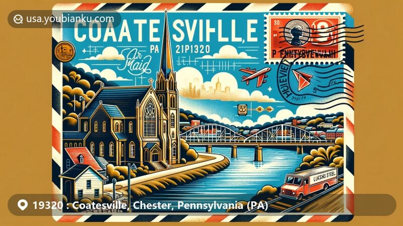Modern illustration of Coatesville, PA, ZIP code 19320, featuring St. Paul AME Church, Brandywine River, and industrial symbols, with vintage postal theme and iconic postal elements.