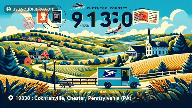 Vibrant modern illustration of Cochranville, Chester County, Pennsylvania, capturing rural charm with rolling hills, farmland, and quaint village vibe, integrating air mail envelope, stamps, and postal truck, featuring '19330' ZIP Code and 'PA' state abbreviation.
