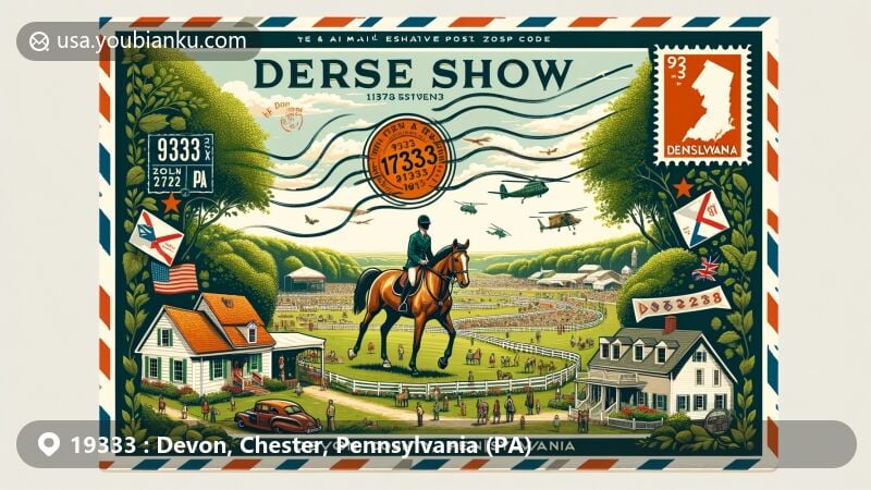 Modern illustration of Devon Horse Show in Devon, Chester County, Pennsylvania, showcasing ZIP code 19333, featuring lush greenery and vintage postal elements.
