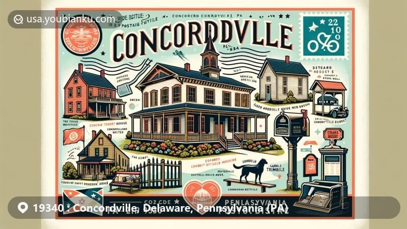 Modern illustration of Concordville, Pennsylvania, featuring key landmarks from the historic 19340 ZIP code area, including Concord Friends Meetinghouse, Newlin Tenant House, and Samuel Trimble House, along with Pennsylvania state symbols and postal elements.