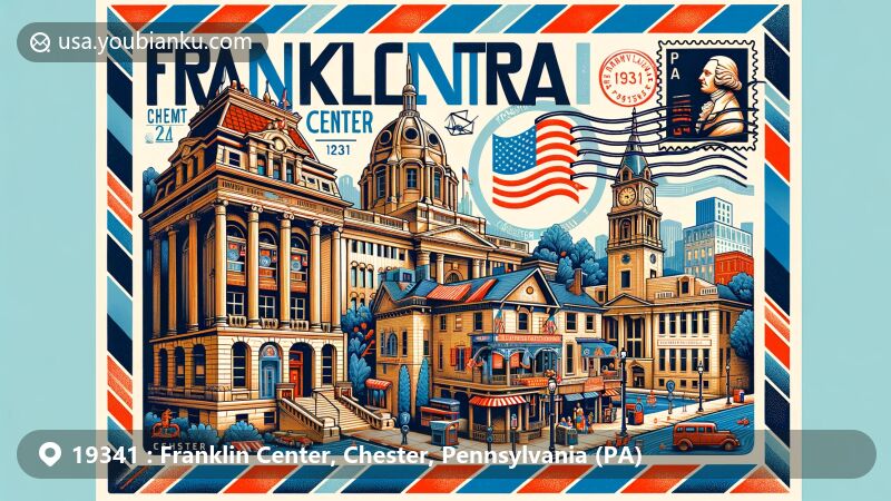 Modern illustration of Franklin Center, Chester County, Pennsylvania, resembling an airmail envelope with iconic landmarks like Franklin Mint Museum, downtown West Chester, and historic buildings. Features vintage postal elements including Pennsylvania state flag and postmark.