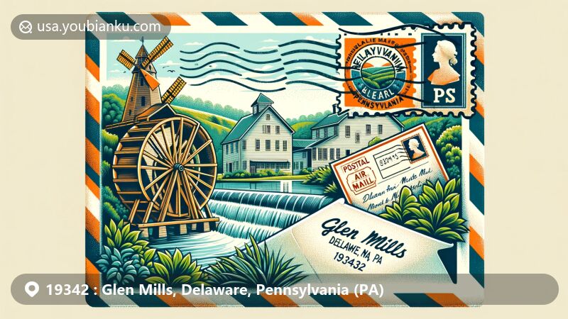 Modern illustration of Glen Mills, Delaware County, Pennsylvania, depicting vintage air mail envelope with Newlin Grist Mill stamp and Pennsylvania state flag, set against lush greenery.