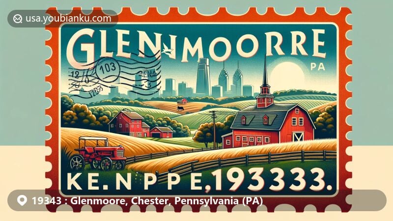 Modern illustration of Glenmoore, Chester County, Pennsylvania, capturing the rural charm and history with Springton Manor Farm, vintage postage stamp frame, and Philadelphia skyline silhouette.