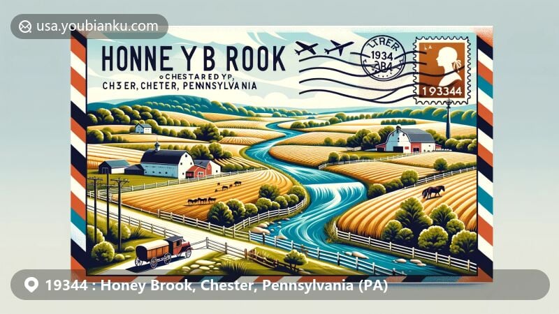 Modern illustration of Honey Brook, Chester, Pennsylvania, showcasing pastoral farm scene with rolling hills and Brandywine Creek, embodying township's agricultural nature and scenic beauty, featuring symbols of local Amish community and postal elements like stamp and postmark.