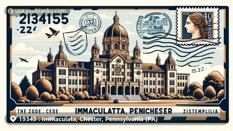 Modern illustration of Immaculata area, Chester County, Pennsylvania, featuring Villa Maria Hall at Immaculata University in Italian Renaissance architecture, vintage postcard theme with ZIP code 19345, postal stamp, and postmark, capturing local landscape and cultural heritage.