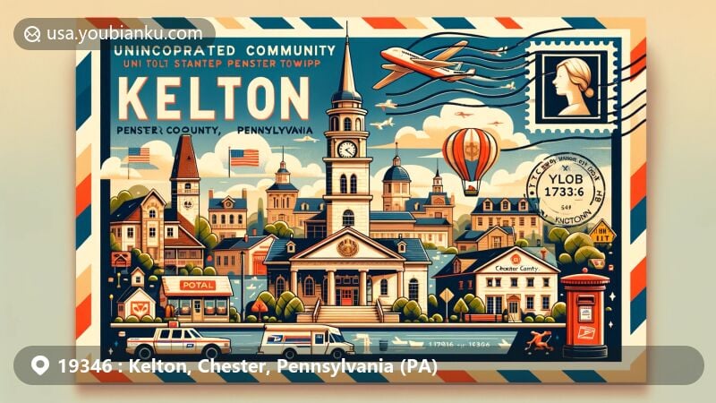 Modern illustration of Kelton, Chester County, Pennsylvania, showcasing postal theme with ZIP code 19346, featuring iconic landmarks and cultural symbols of the area.