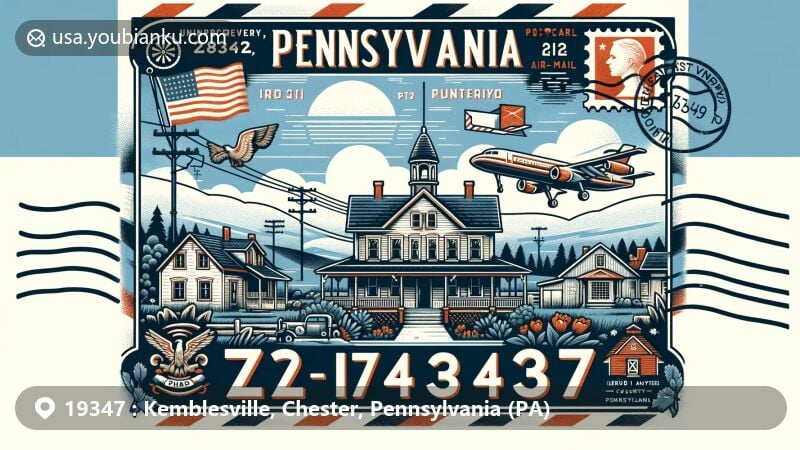 Modern illustration of Kemblesville, Chester County, Pennsylvania, showcasing historic character of late 19th-century appearance, Kemblesville Historic District, Pennsylvania state symbols, and postal elements with ZIP code 19347.