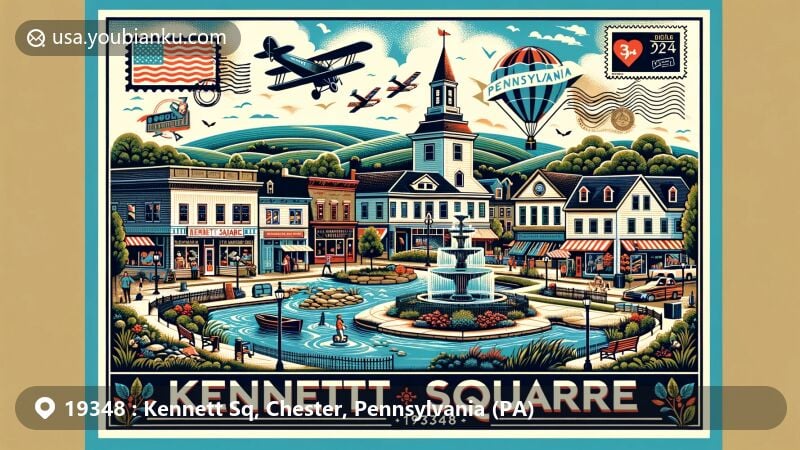 Modern illustration of Kennett Square, Chester County, Pennsylvania, depicting the charm of small-town life, local establishments, outdoor activities, and postal elements with ZIP code 19348.