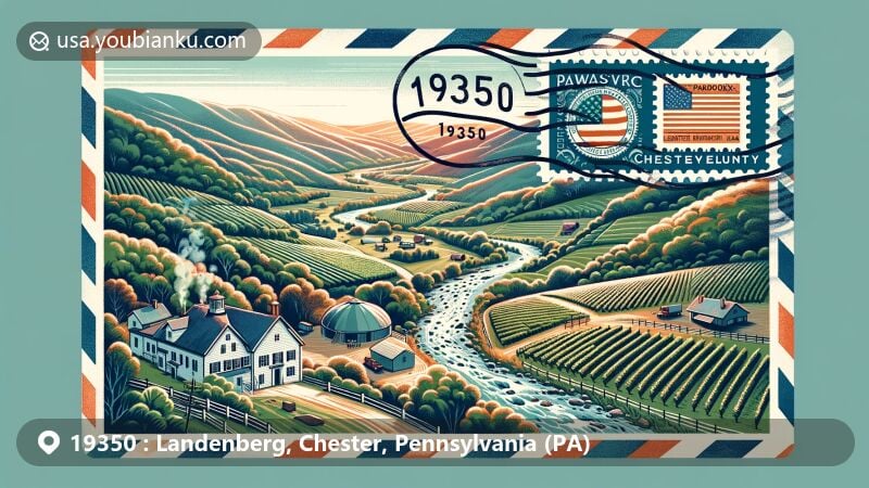 Modern illustration of Landenberg, Chester County, Pennsylvania, focusing on the natural beauty of White Clay Creek Preserve and the vineyards of Paradocx Vineyard, capturing the diverse climate and seasonal changes of the area, with postal elements like vintage airmail design, stamps, and postmark for ZIP code 19350.