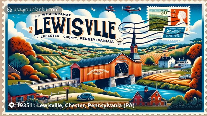 Vintage illustration of Lewisville, Chester County, Pennsylvania, blending local heritage with postal elements, featuring Rudolph and Arthur Covered Bridge and Chester County landscapes.